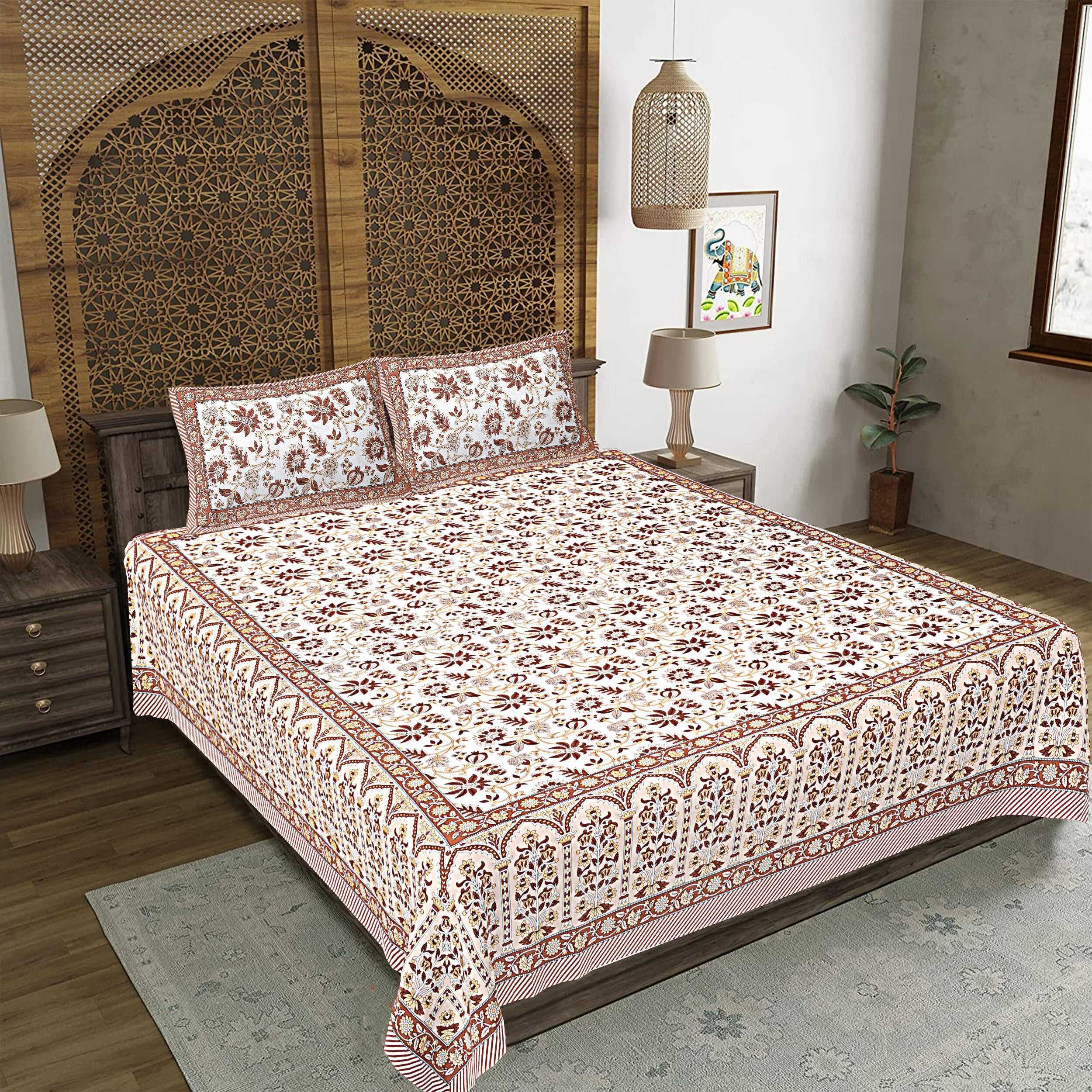 Rudra Bazaar Brown 210 TC Cotton Double King Bedsheet With 2 Pillow Covers