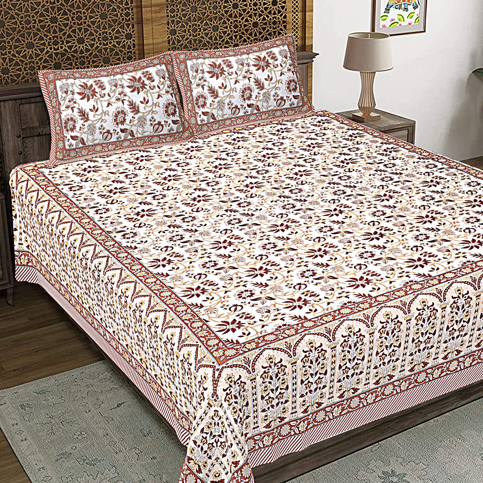 Rudra Bazaar Brown 210 TC Cotton Double King Bedsheet With 2 Pillow Covers