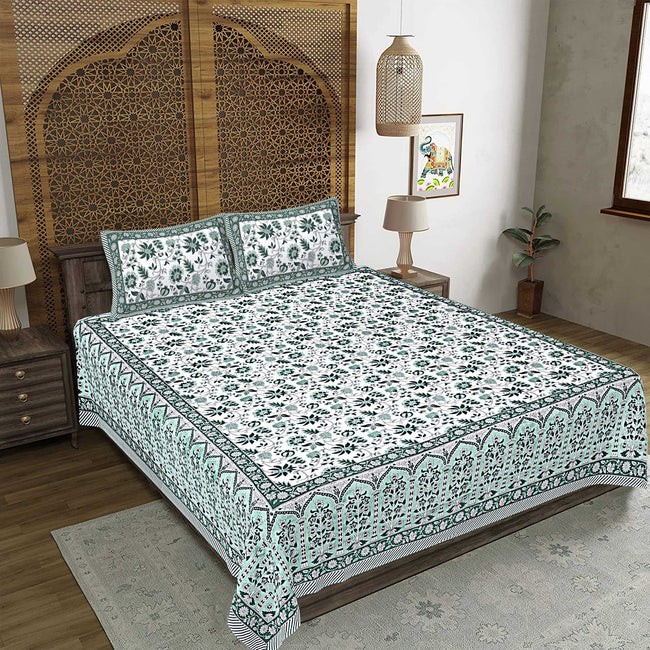 Rudra Bazaar Sea Green 210 TC Cotton Double King Bedsheet With 2 Pillow Covers Hover Image