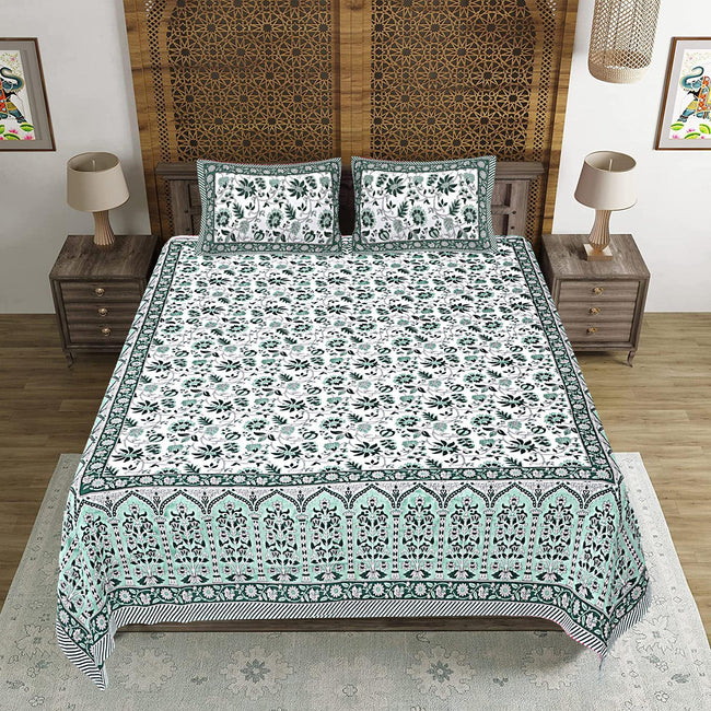 Rudra Bazaar Sea Green 210 TC Cotton Double King Bedsheet With 2 Pillow Covers Main Image