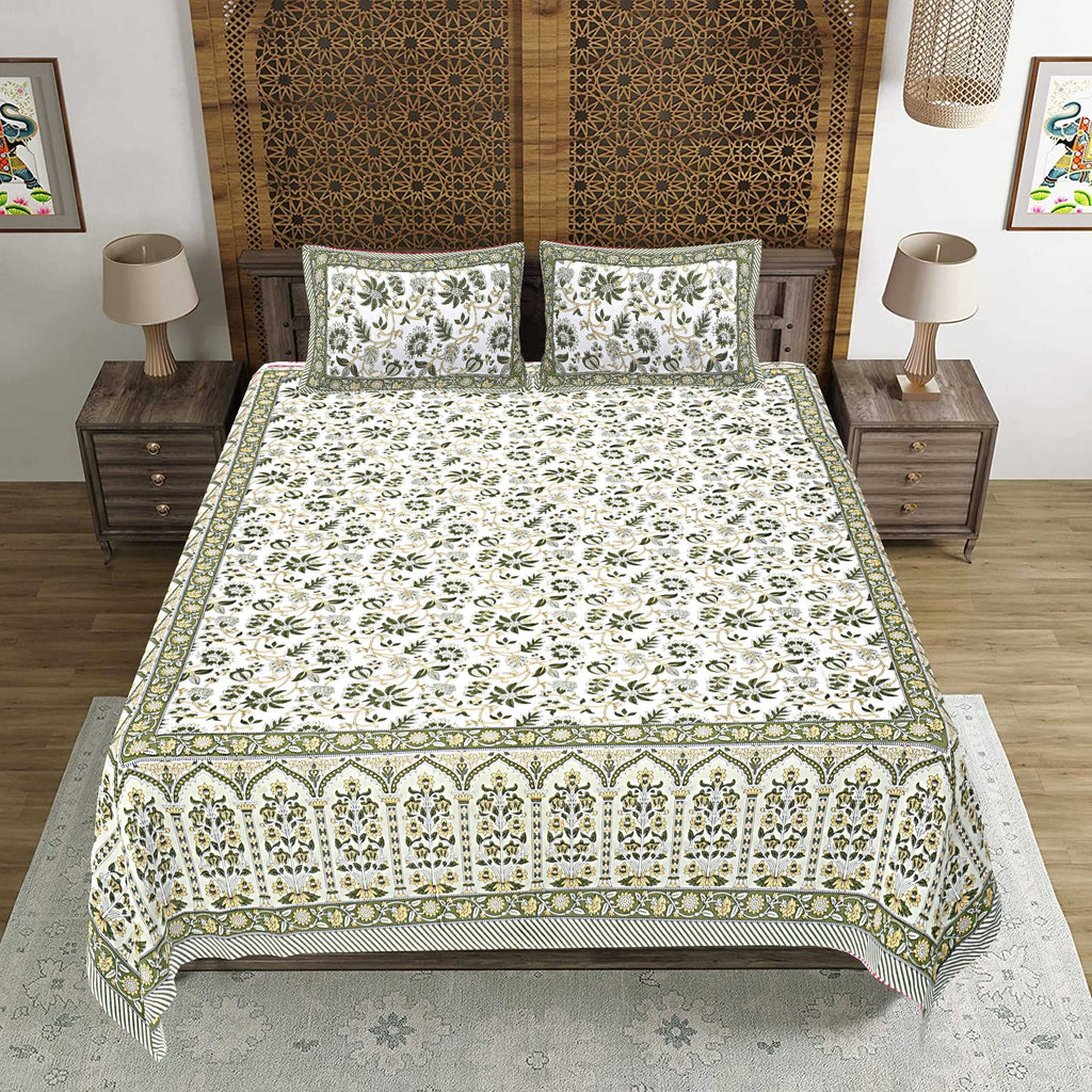 Rudra Bazaar Green 210 TC Cotton Double King Bedsheet With 2 Pillow Covers