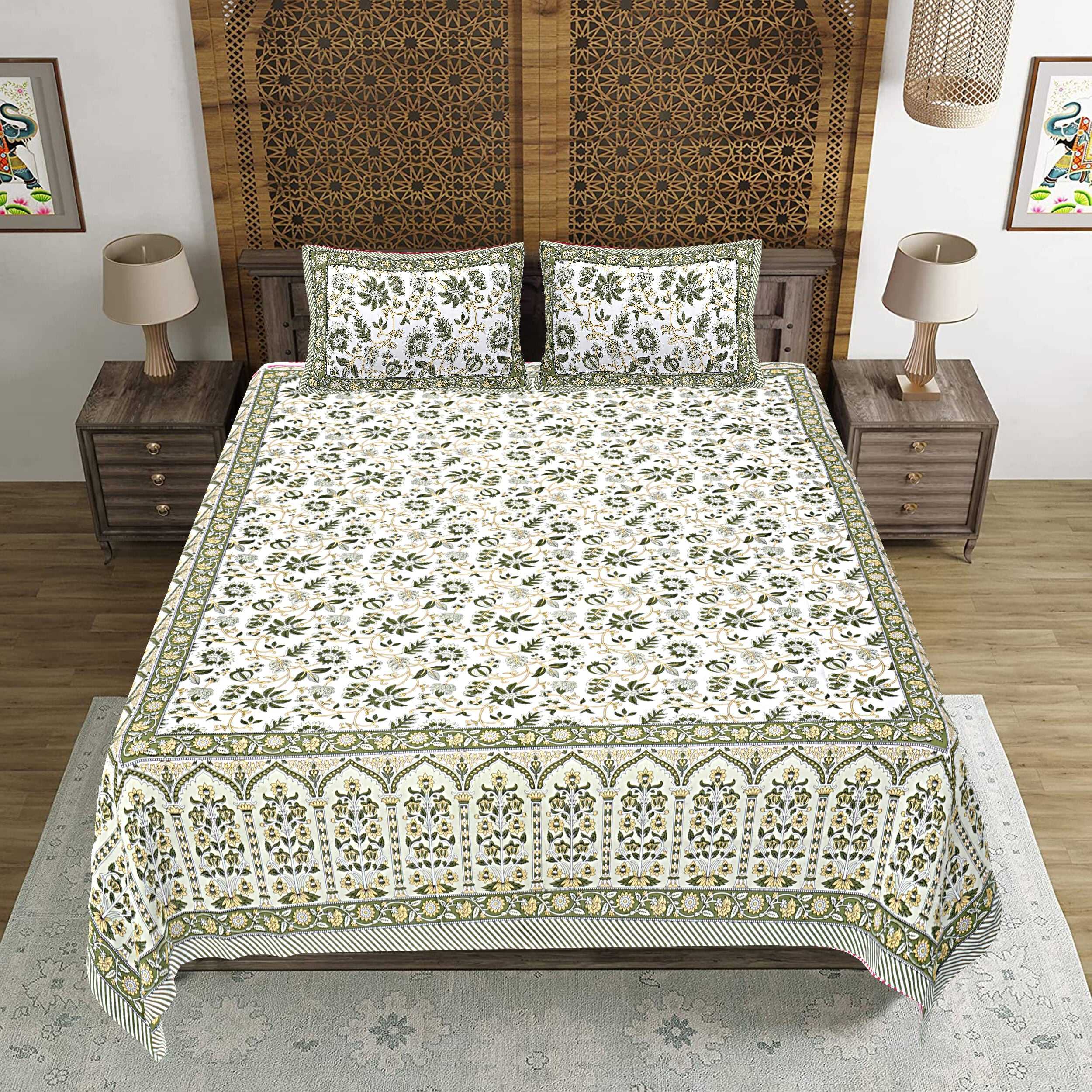 Rudra Bazaar Green 210 TC Cotton Double King Bedsheet With 2 Pillow Covers