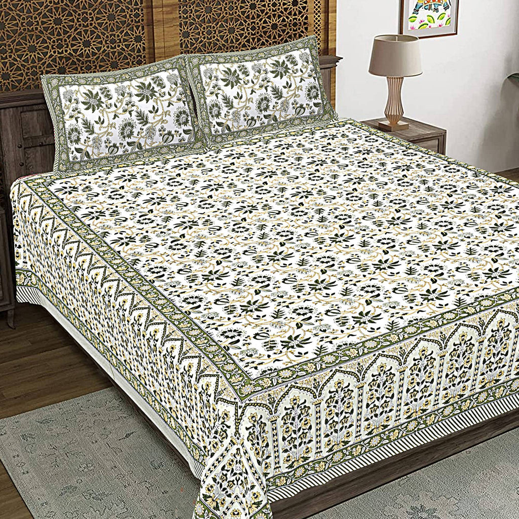 Rudra Bazaar Green 210 TC Cotton Double King Bedsheet With 2 Pillow Covers