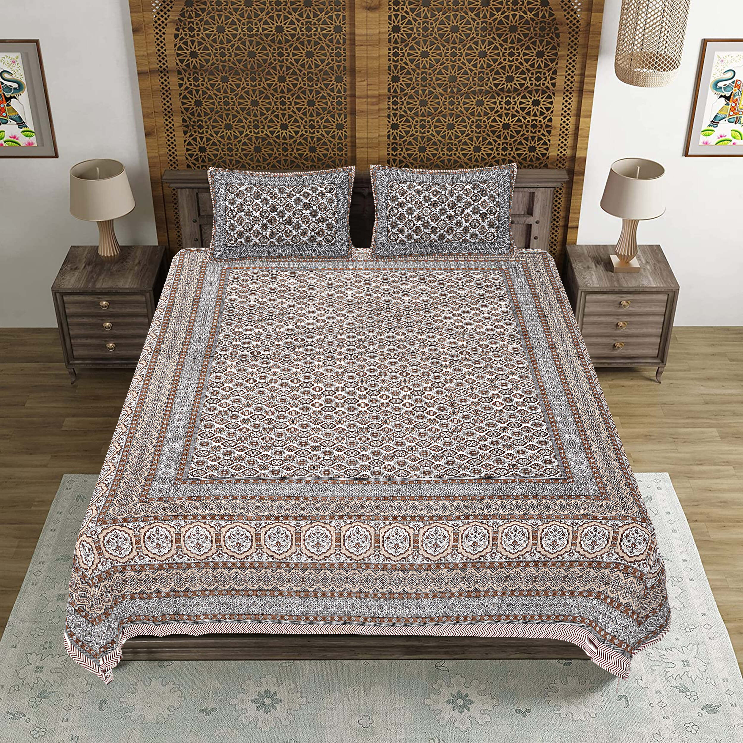 Rudra Bazaar Brown 210 TC Cotton Double King Bedsheet With 2 Pillow Covers
