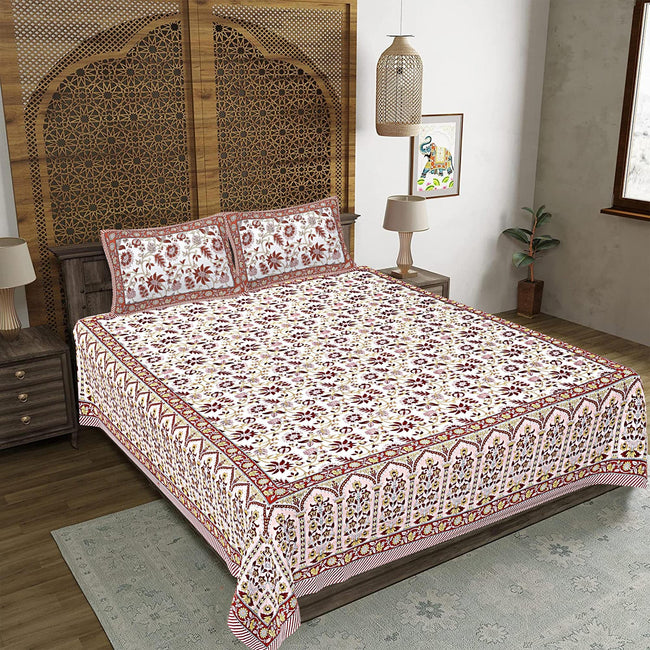 Rudra Bazaar Peach 210 TC Cotton Double King Bedsheet With 2 Pillow Covers Hover Image