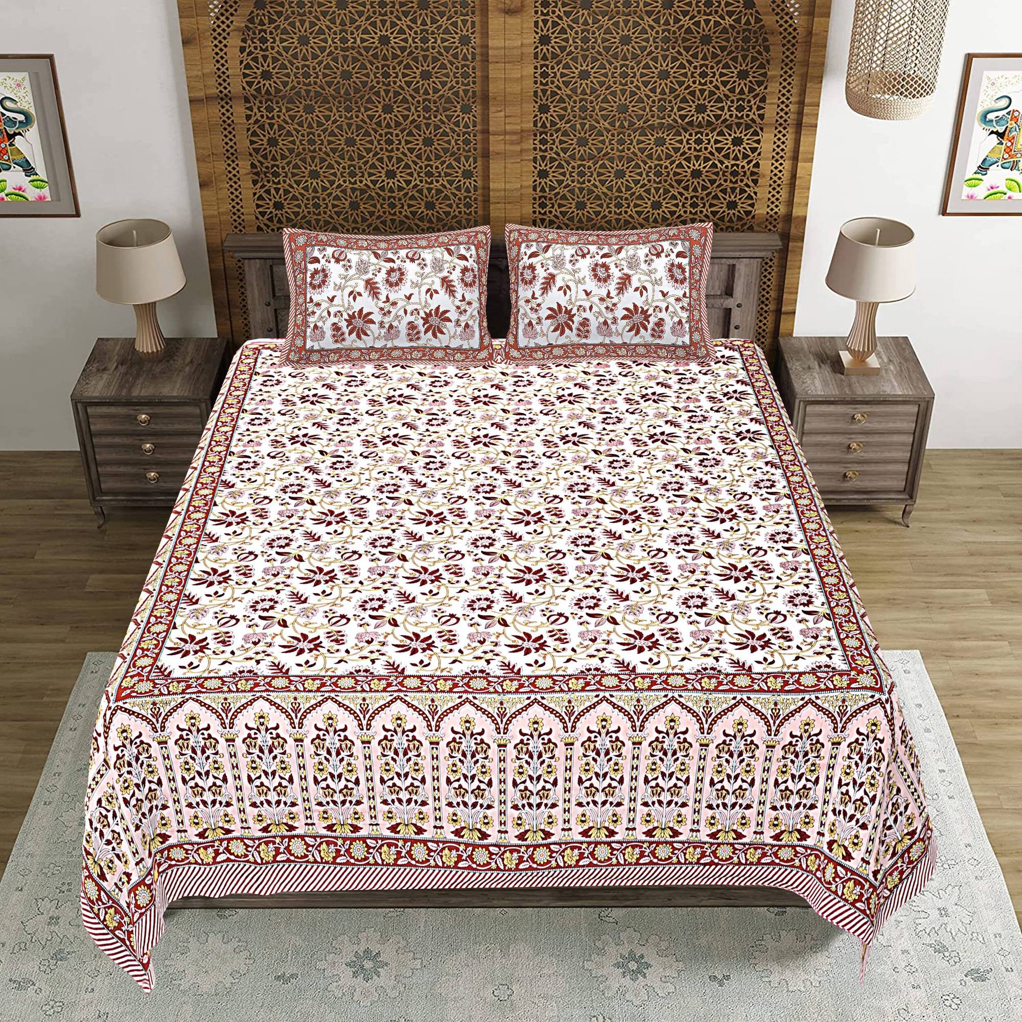 Rudra Bazaar Peach 210 TC Cotton Double King Bedsheet With 2 Pillow Covers