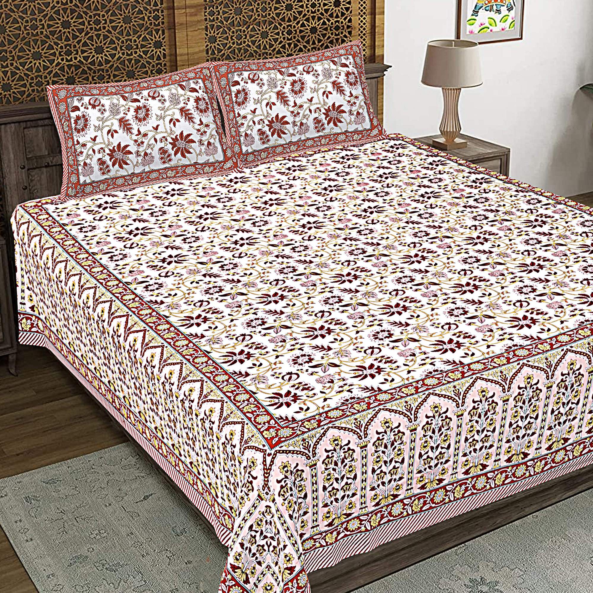 Rudra Bazaar Peach 210 TC Cotton Double King Bedsheet With 2 Pillow Covers