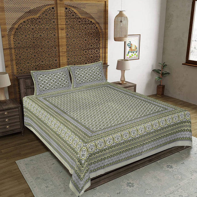 Rudra Bazaar Green 210 TC Cotton Double King Bedsheet With 2 Pillow Covers Hover Image