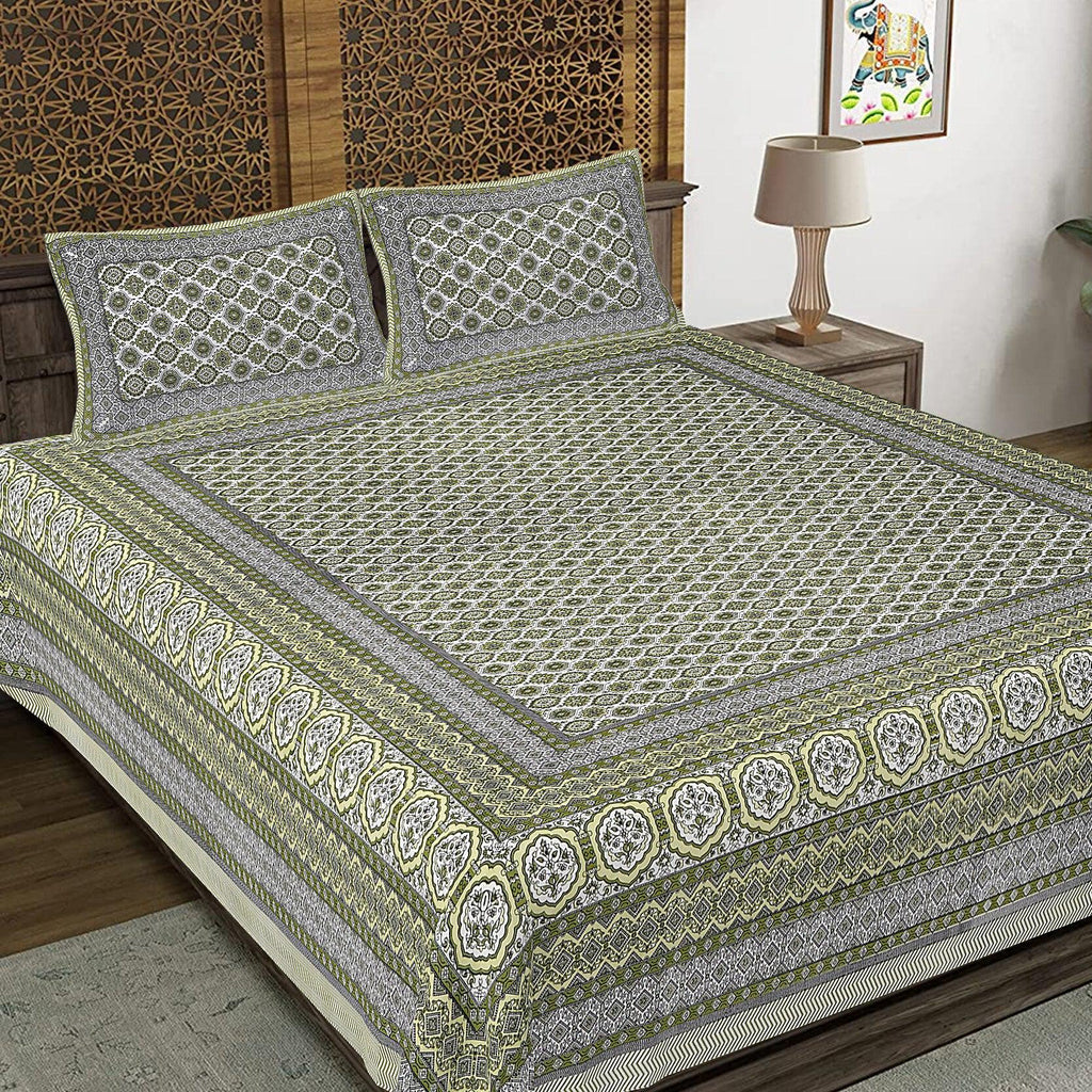 Rudra Bazaar Green 210 TC Cotton Double King Bedsheet With 2 Pillow Covers
