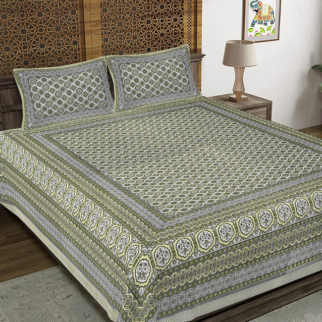 Rudra Bazaar Green 210 TC Cotton Double King Bedsheet With 2 Pillow Covers Main Image