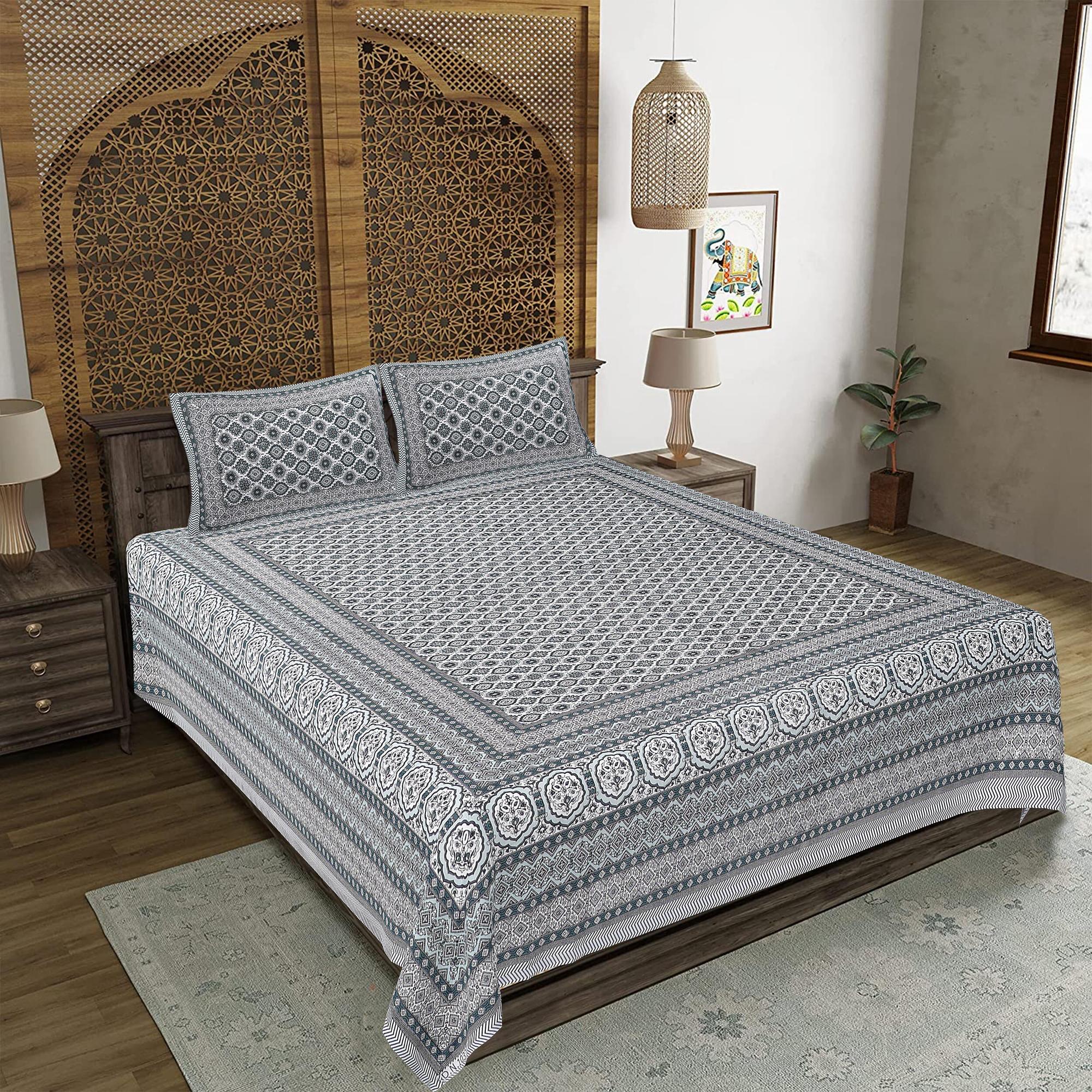 Rudra Bazaar Grey 210 TC Cotton Double King Bedsheet With 2 Pillow Covers