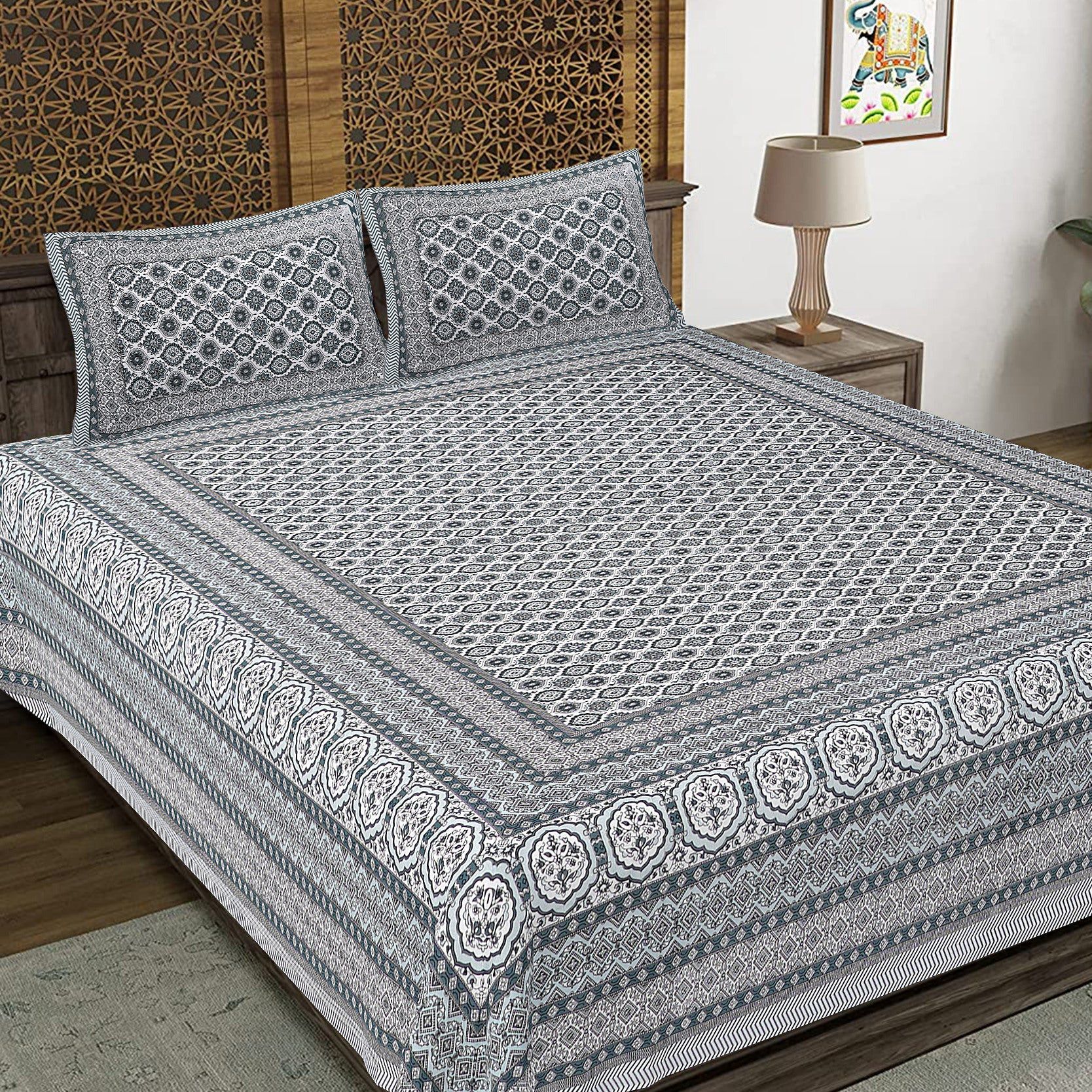 Rudra Bazaar Grey 210 TC Cotton Double King Bedsheet With 2 Pillow Covers