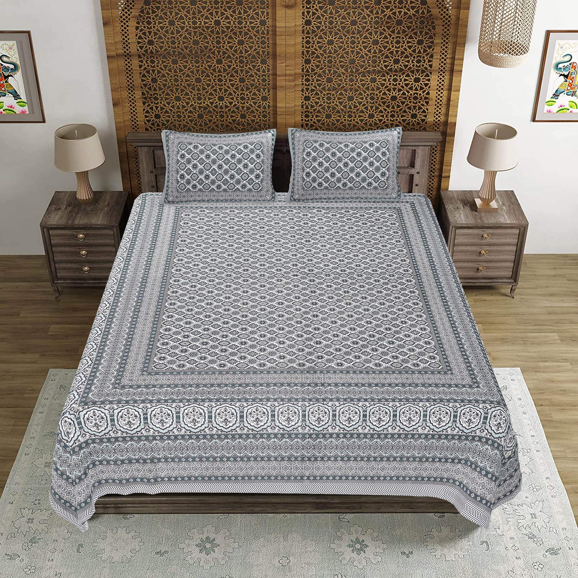 Rudra Bazaar Grey 210 TC Cotton Double King Bedsheet With 2 Pillow Covers