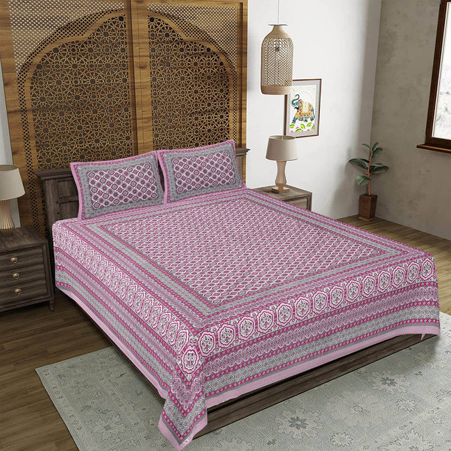 Rudra Bazaar Pink 210 TC Cotton Double King Bedsheet With 2 Pillow Covers Hover Image