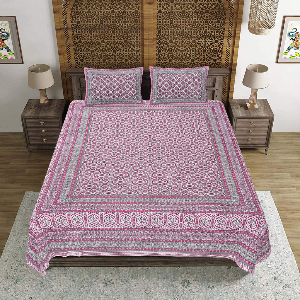 Rudra Bazaar Pink 210 TC Cotton Double King Bedsheet With 2 Pillow Covers