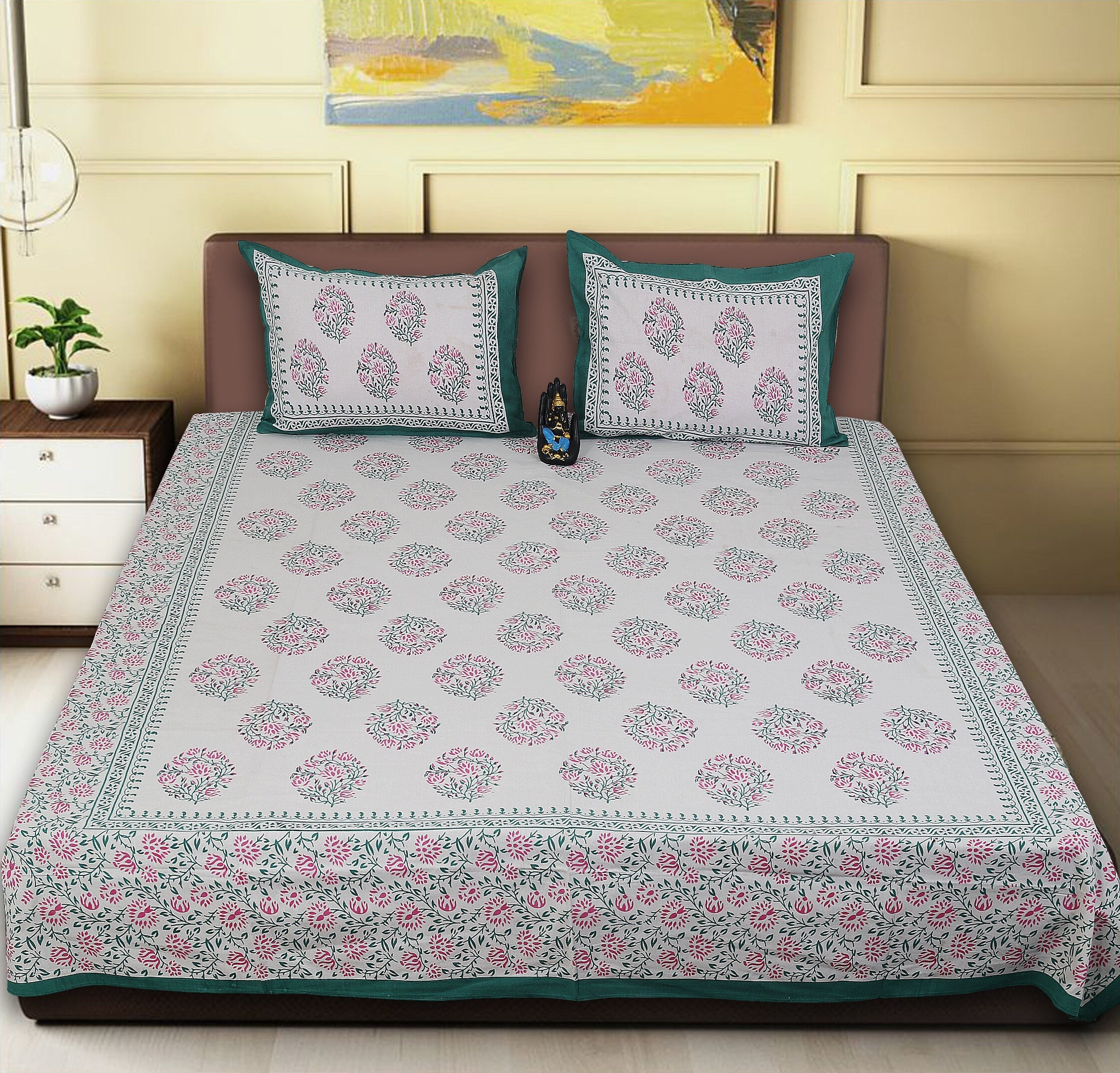Rudra Bazaar Sea Green 210 TC Cotton Double King Bedsheet With 2 Pillow Covers
