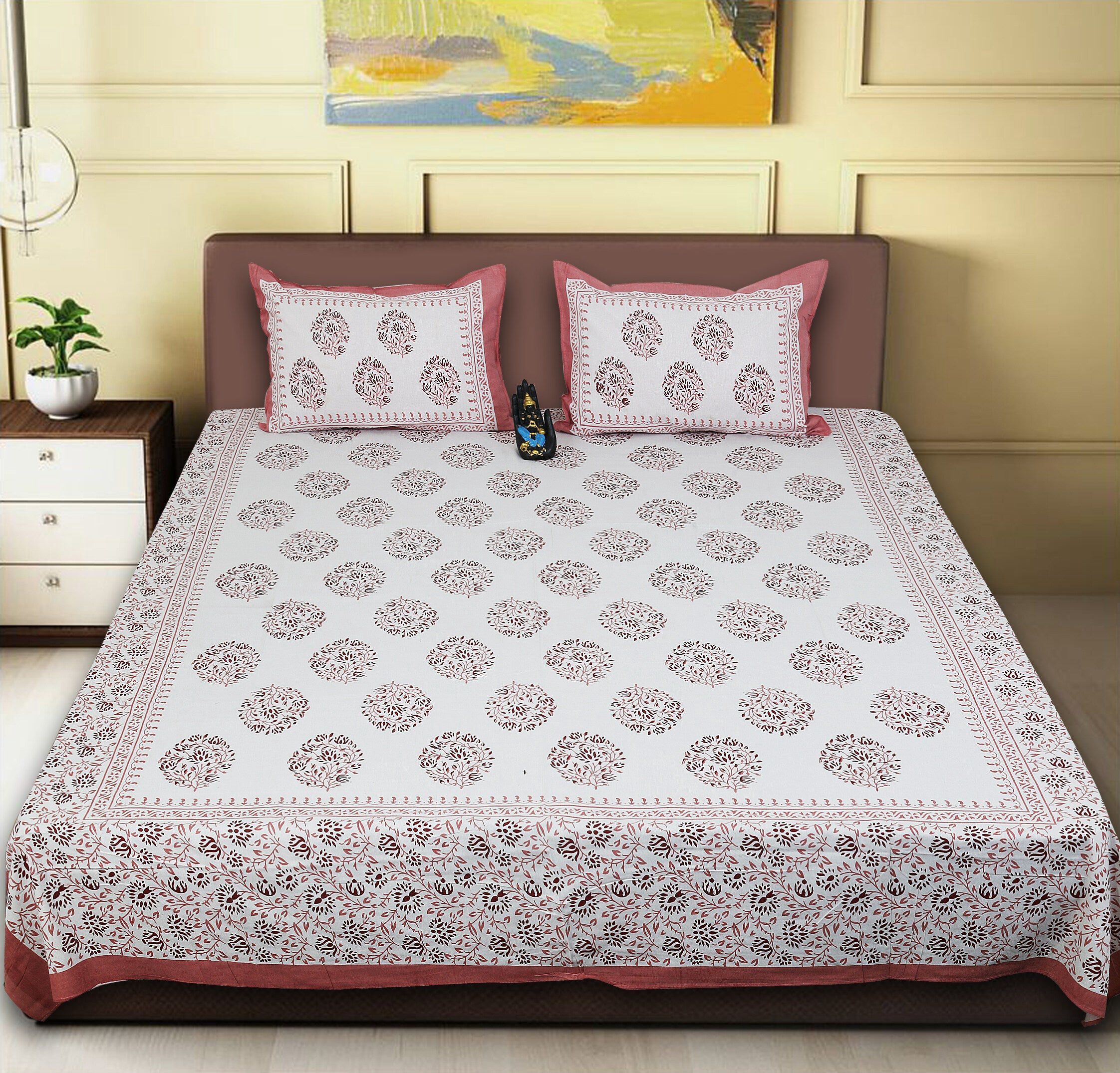 Rudra Bazaar Pink 210 TC Cotton Double King Bedsheet With 2 Pillow Covers