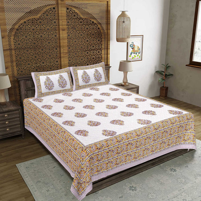 Rudra Bazaar Purple Gold 210 TC Cotton Double King Bedsheet With 2 Pillow Covers Hover Image