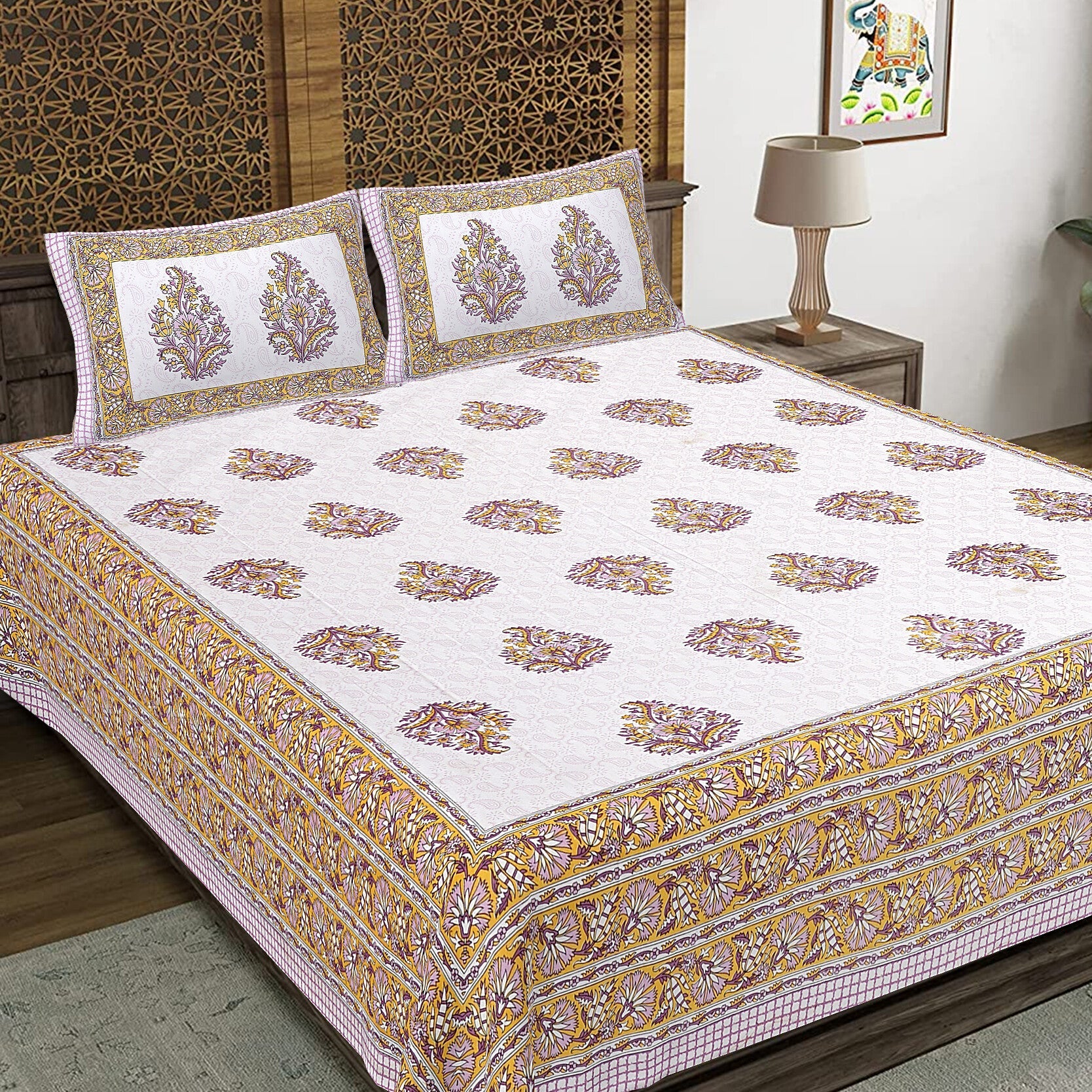 Rudra Bazaar Purple Gold 210 TC Cotton Double King Bedsheet With 2 Pillow Covers