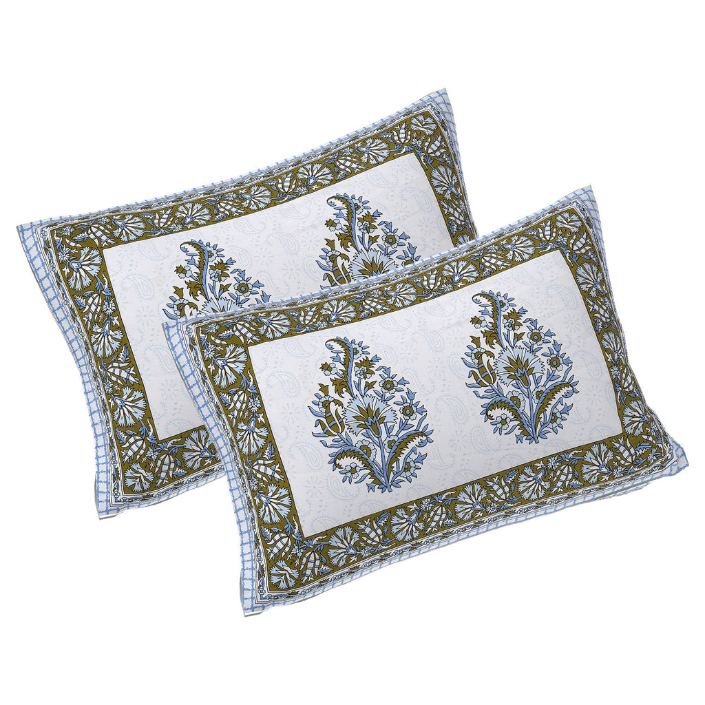 Rudra Bazaar Blue Green 210 TC Cotton Double King Bedsheet With 2 Pillow Covers