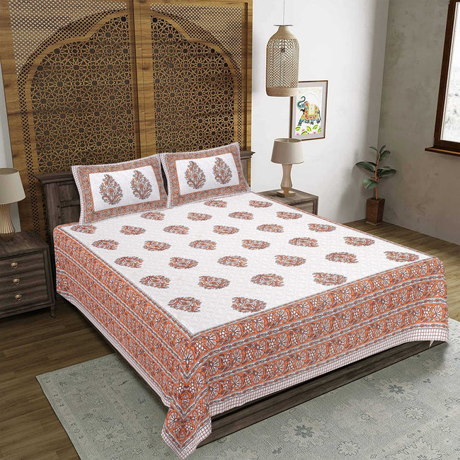 Rudra Bazaar Orange 210 TC Cotton Double King Bedsheet With 2 Pillow Covers Hover Image