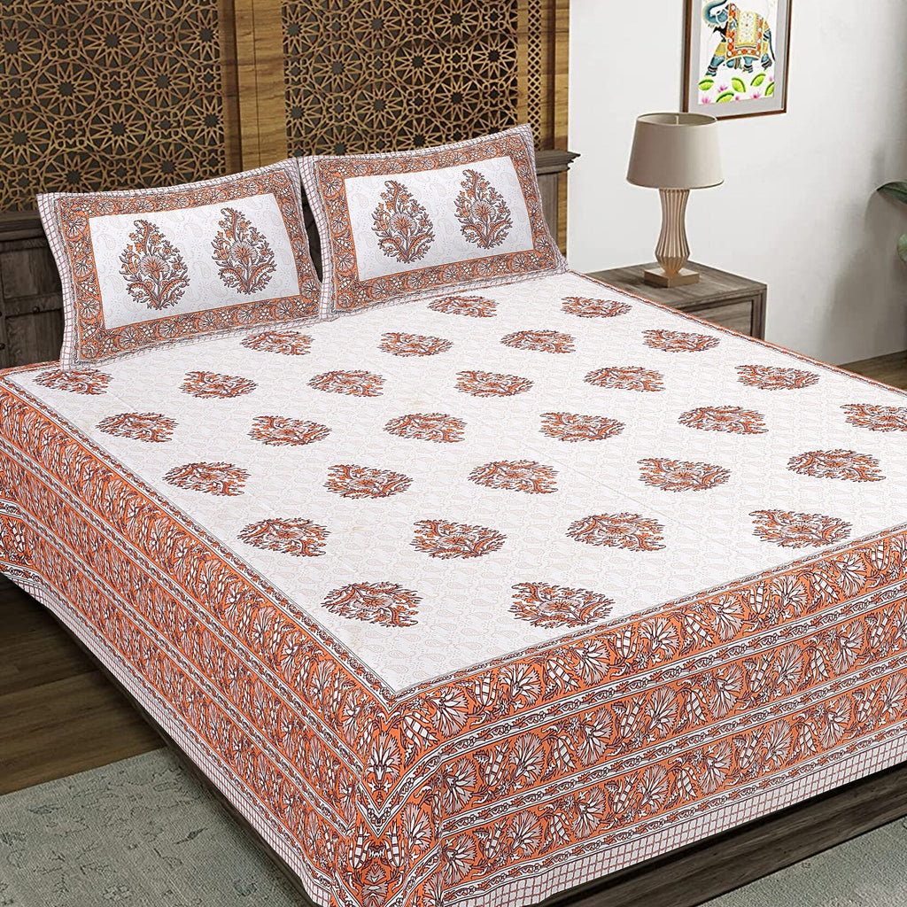 Rudra Bazaar Orange 210 TC Cotton Double King Bedsheet With 2 Pillow Covers
