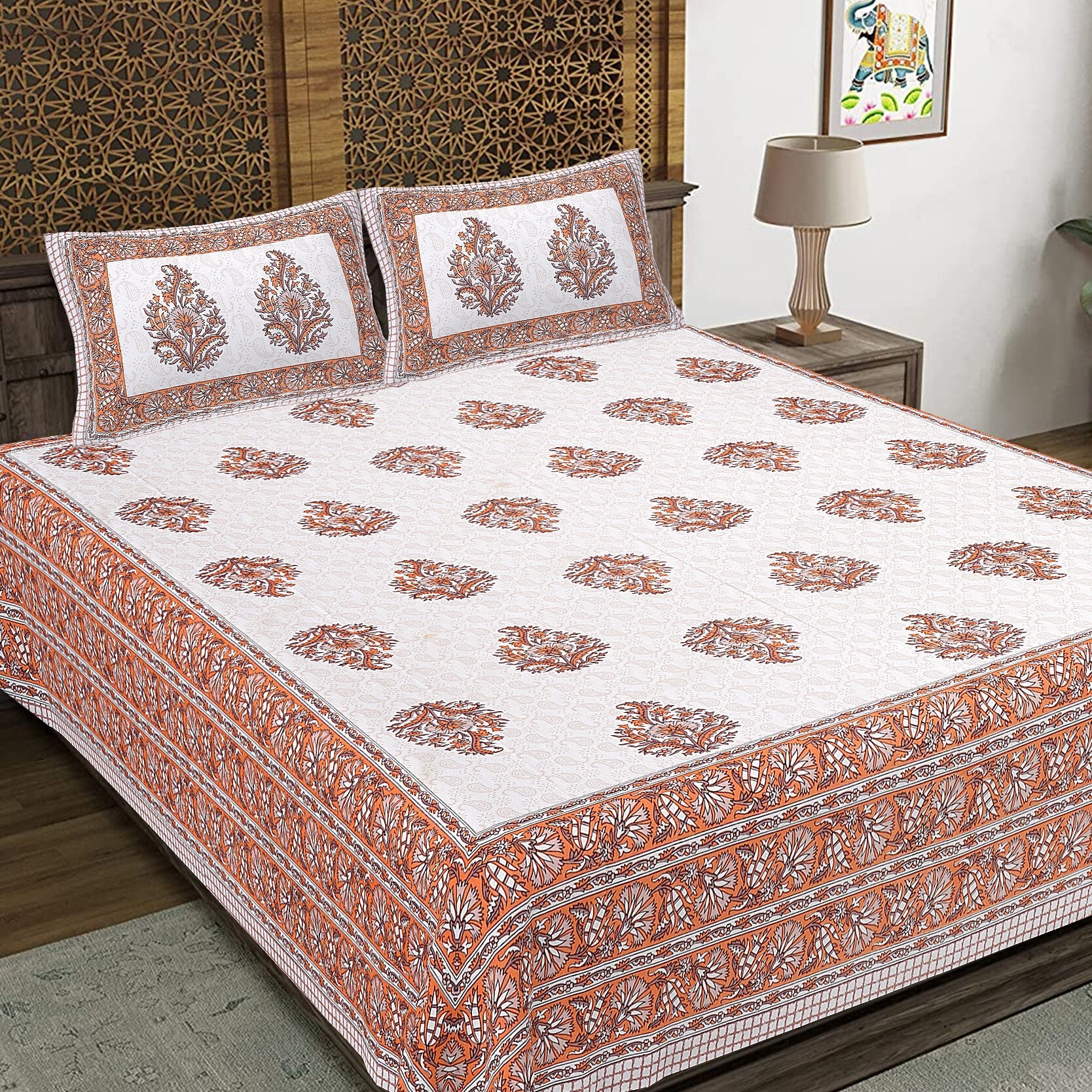 Rudra Bazaar Orange 210 TC Cotton Double King Bedsheet With 2 Pillow Covers