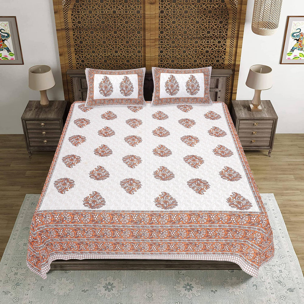 Rudra Bazaar Orange 210 TC Cotton Double King Bedsheet With 2 Pillow Covers