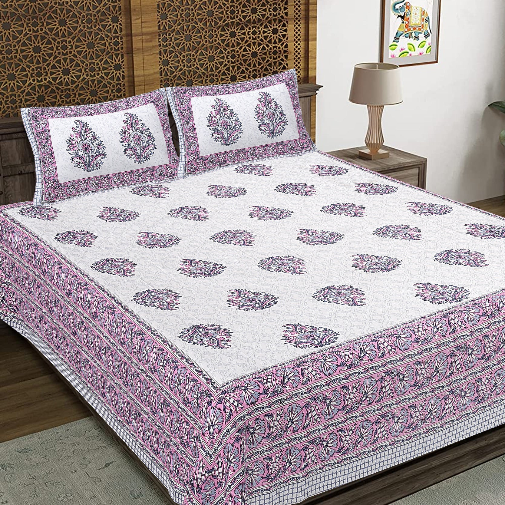 Rudra Bazaar Purple 210 TC Cotton Double King Bedsheet With 2 Pillow Covers