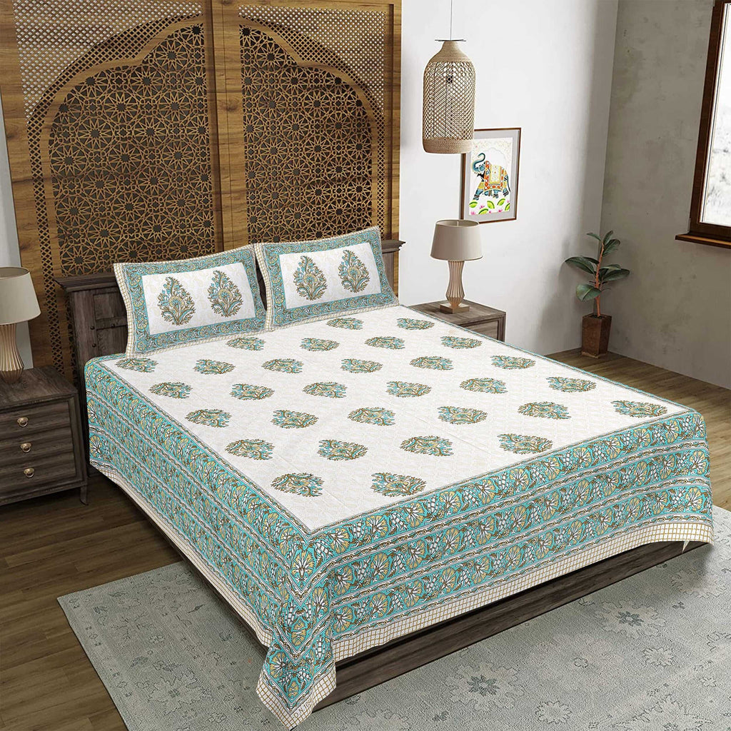 Rudra Bazaar Green 210 TC Cotton Double King Bedsheet With 2 Pillow Covers