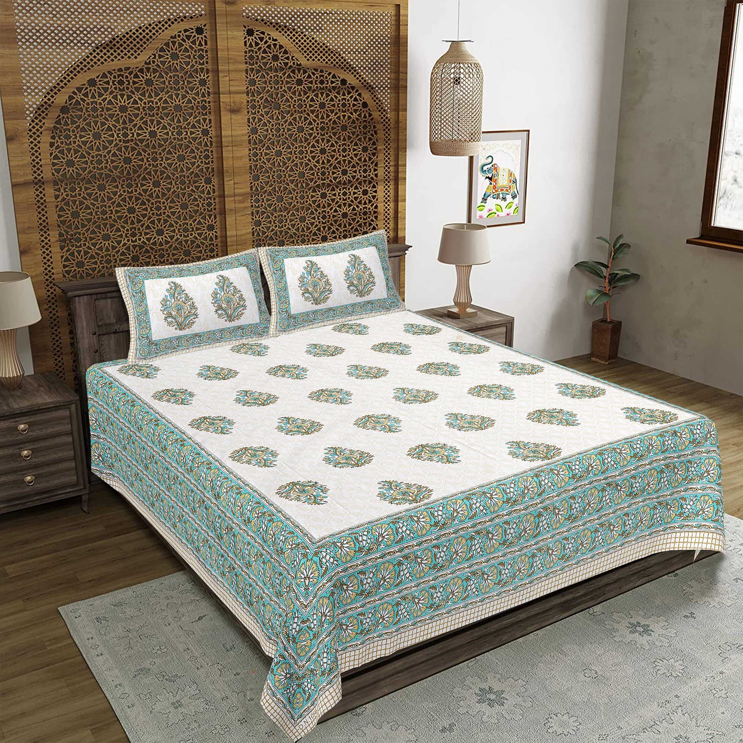 Rudra Bazaar Green 210 TC Cotton Double King Bedsheet With 2 Pillow Covers