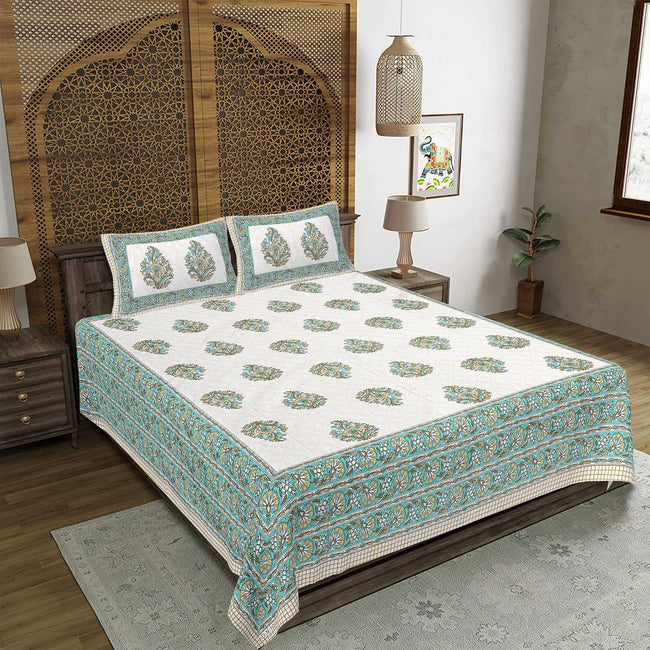 Rudra Bazaar Green 210 TC Cotton Double King Bedsheet With 2 Pillow Covers Hover Image