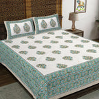 Rudra Bazaar Green 210 TC Cotton Double King Bedsheet With 2 Pillow Covers