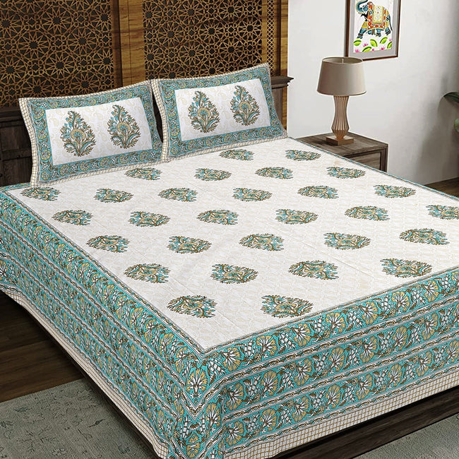 Rudra Bazaar Green 210 TC Cotton Double King Bedsheet With 2 Pillow Covers Main Image