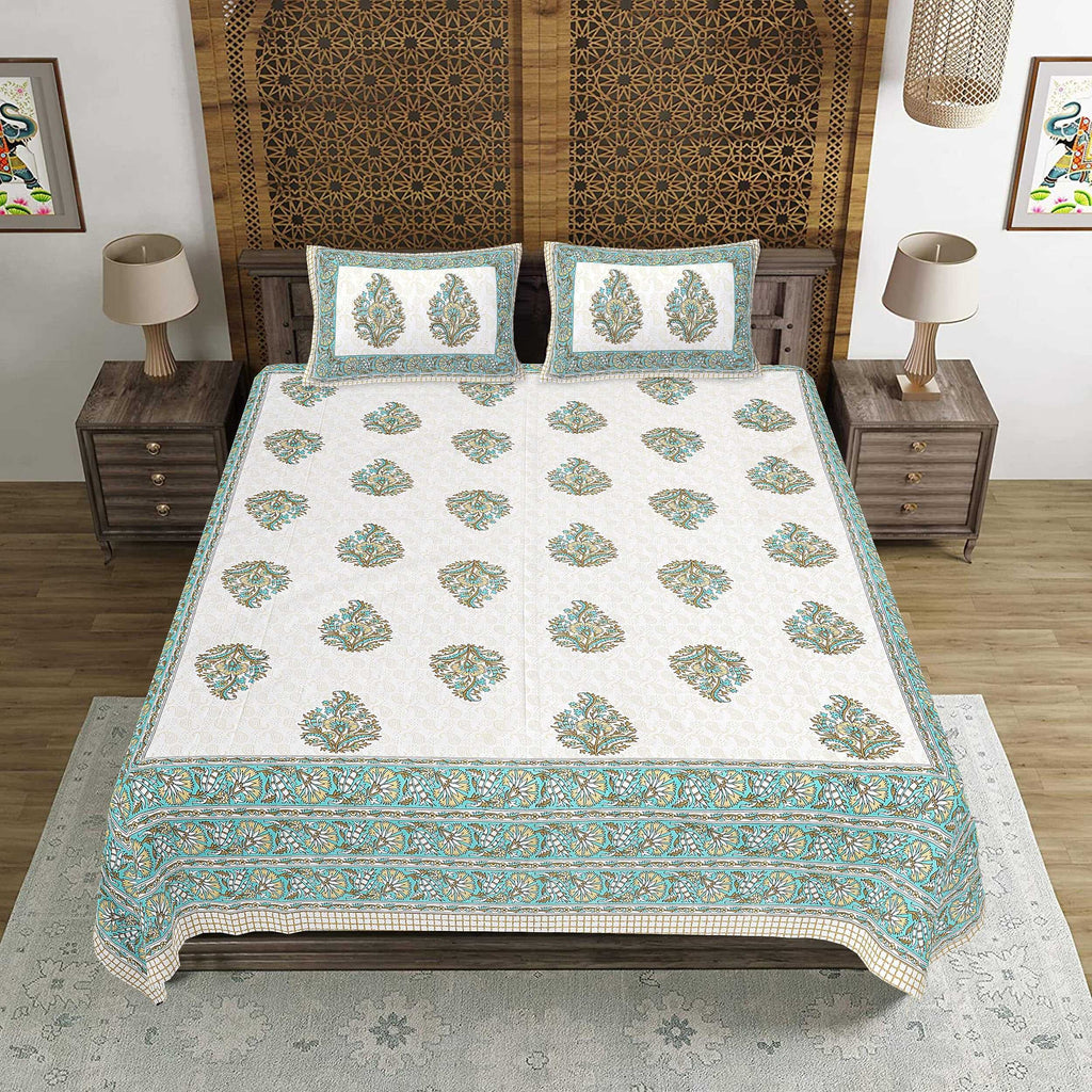 Rudra Bazaar Green 210 TC Cotton Double King Bedsheet With 2 Pillow Covers