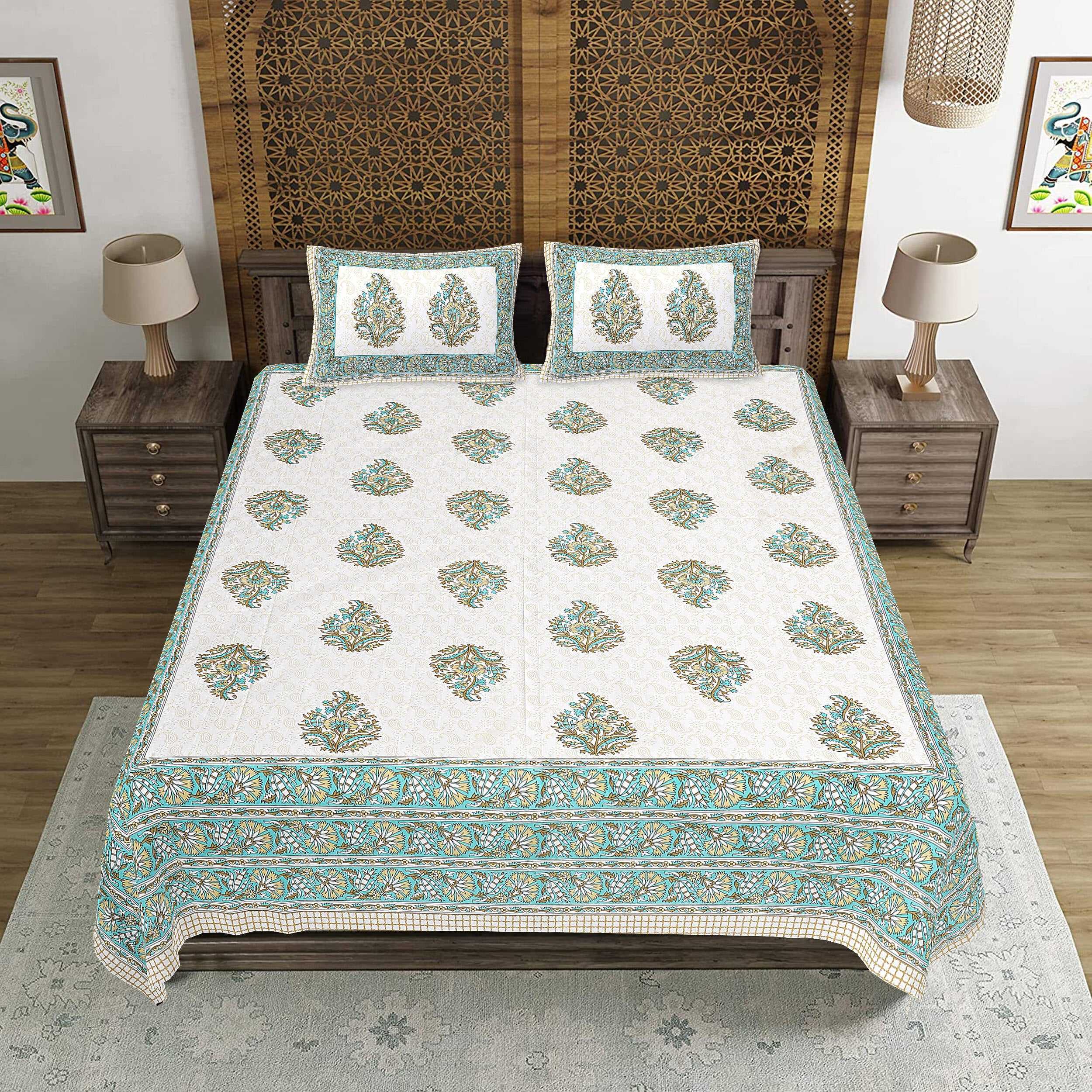 Rudra Bazaar Green 210 TC Cotton Double King Bedsheet With 2 Pillow Covers