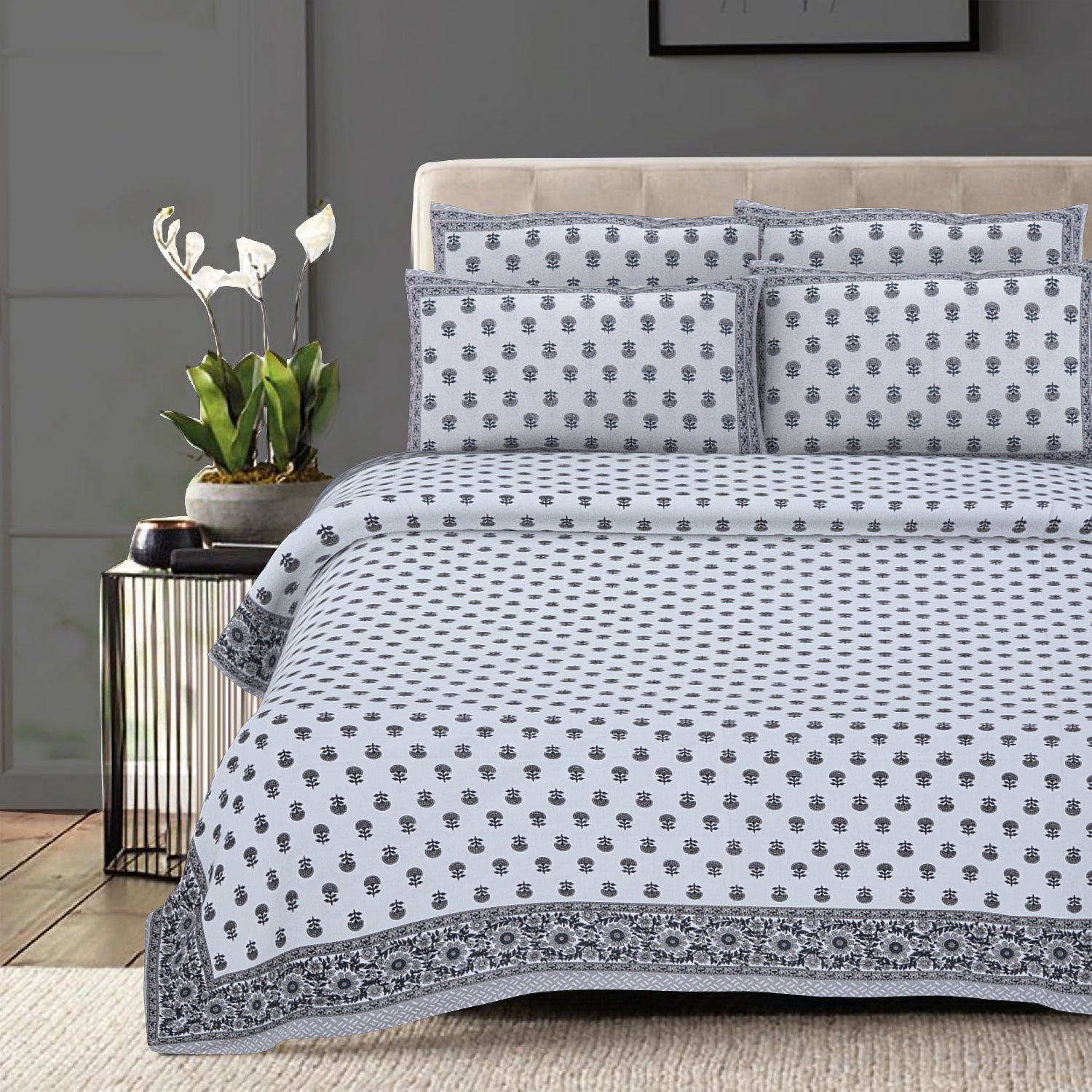 Rudra Bazaar Grey 210 TC Cotton Double King Bedsheet With 2 Pillow Covers