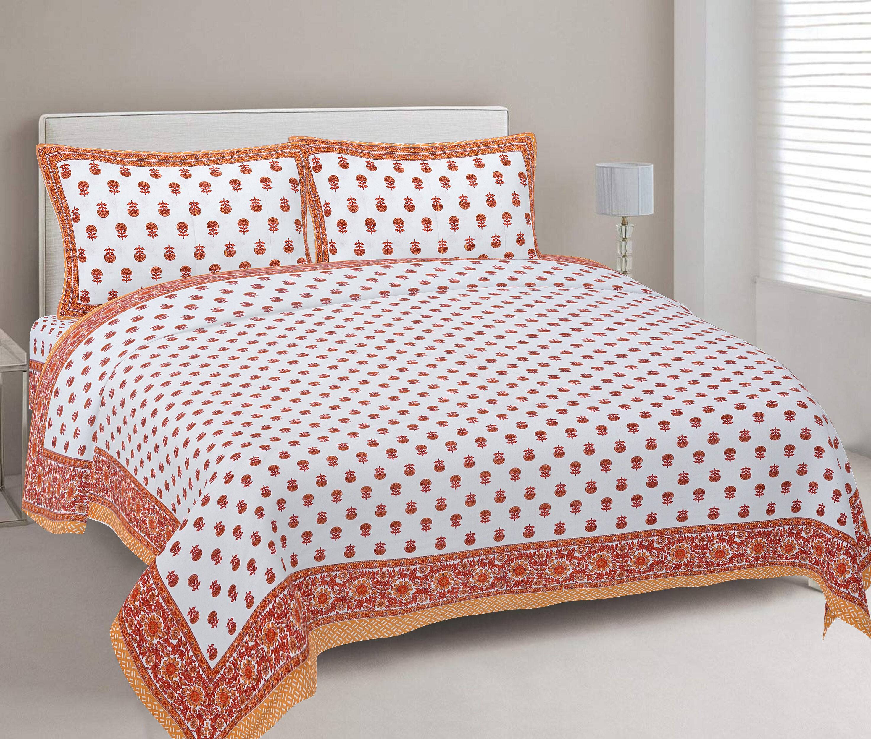 Rudra Bazaar Orange 210 TC Cotton Double King Bedsheet With 2 Pillow Covers