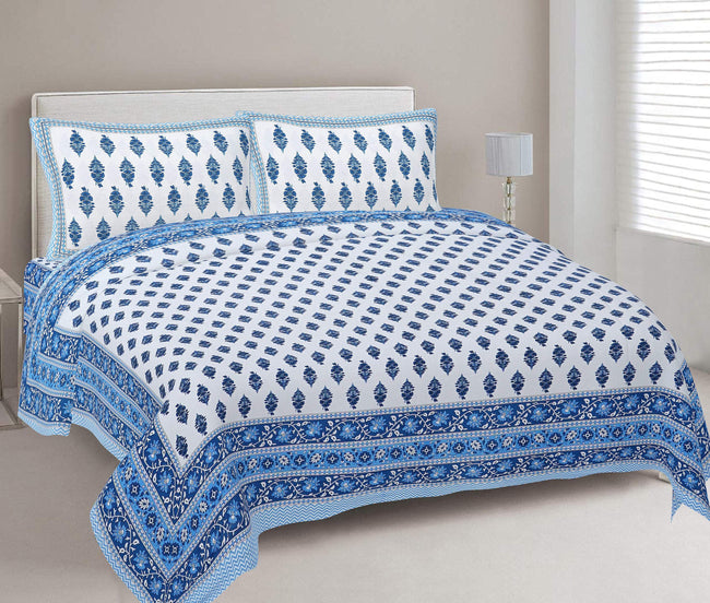 Rudra Bazaar Blue 210 TC Cotton Double King Bedsheet With 2 Pillow Covers Hover Image