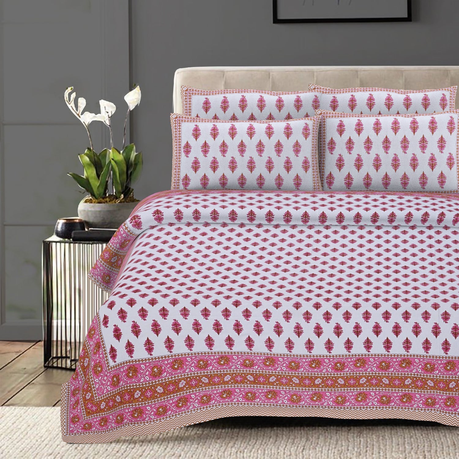 Rudra Bazaar Pink 210 TC Cotton Double King Bedsheet With 2 Pillow Covers