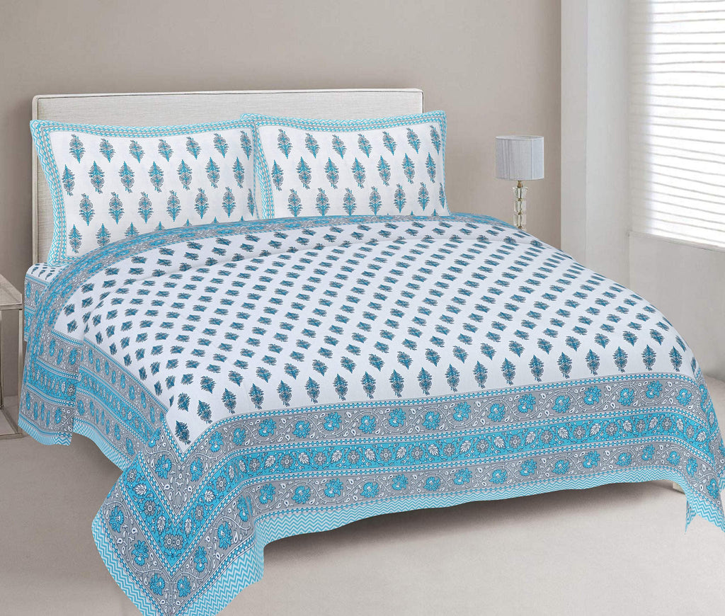 Rudra Bazaar Turquoise Blue 210 TC Cotton Double King Bedsheet With 2 Pillow Covers