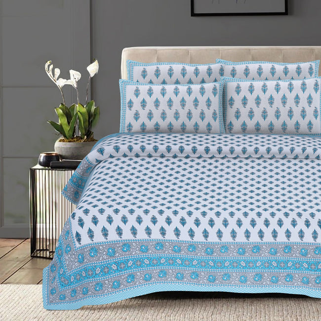 Rudra Bazaar Turquoise Blue 210 TC Cotton Double King Bedsheet With 2 Pillow Covers Main Image