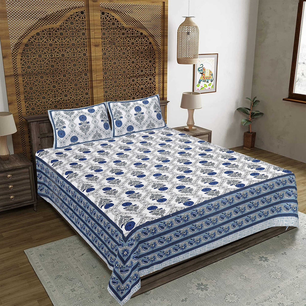 Rudra Bazaar Blue 210 TC Cotton Double King Bedsheet With 2 Pillow Covers