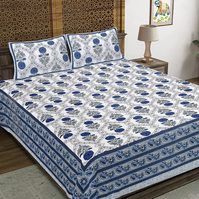 Rudra Bazaar Blue 210 TC Cotton Double King Bedsheet With 2 Pillow Covers Main Image
