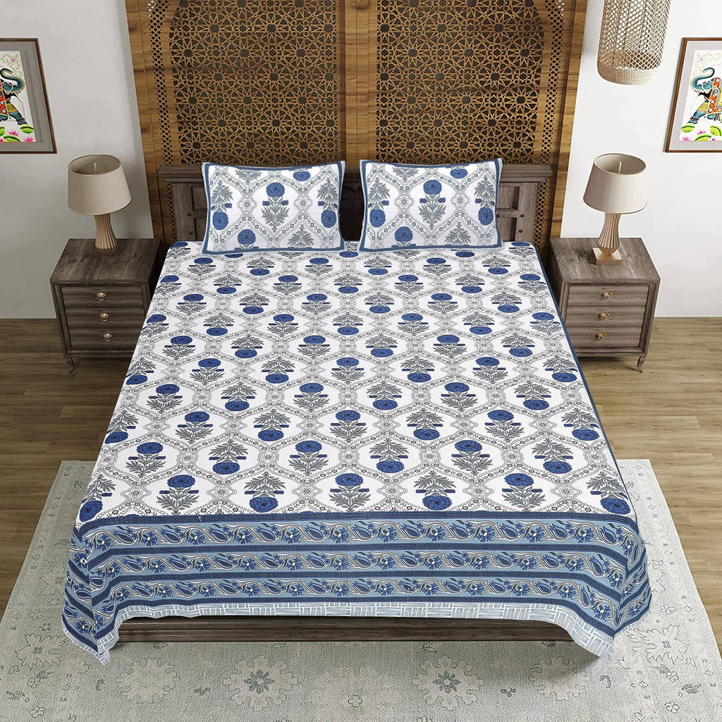 Rudra Bazaar Blue 210 TC Cotton Double King Bedsheet With 2 Pillow Covers