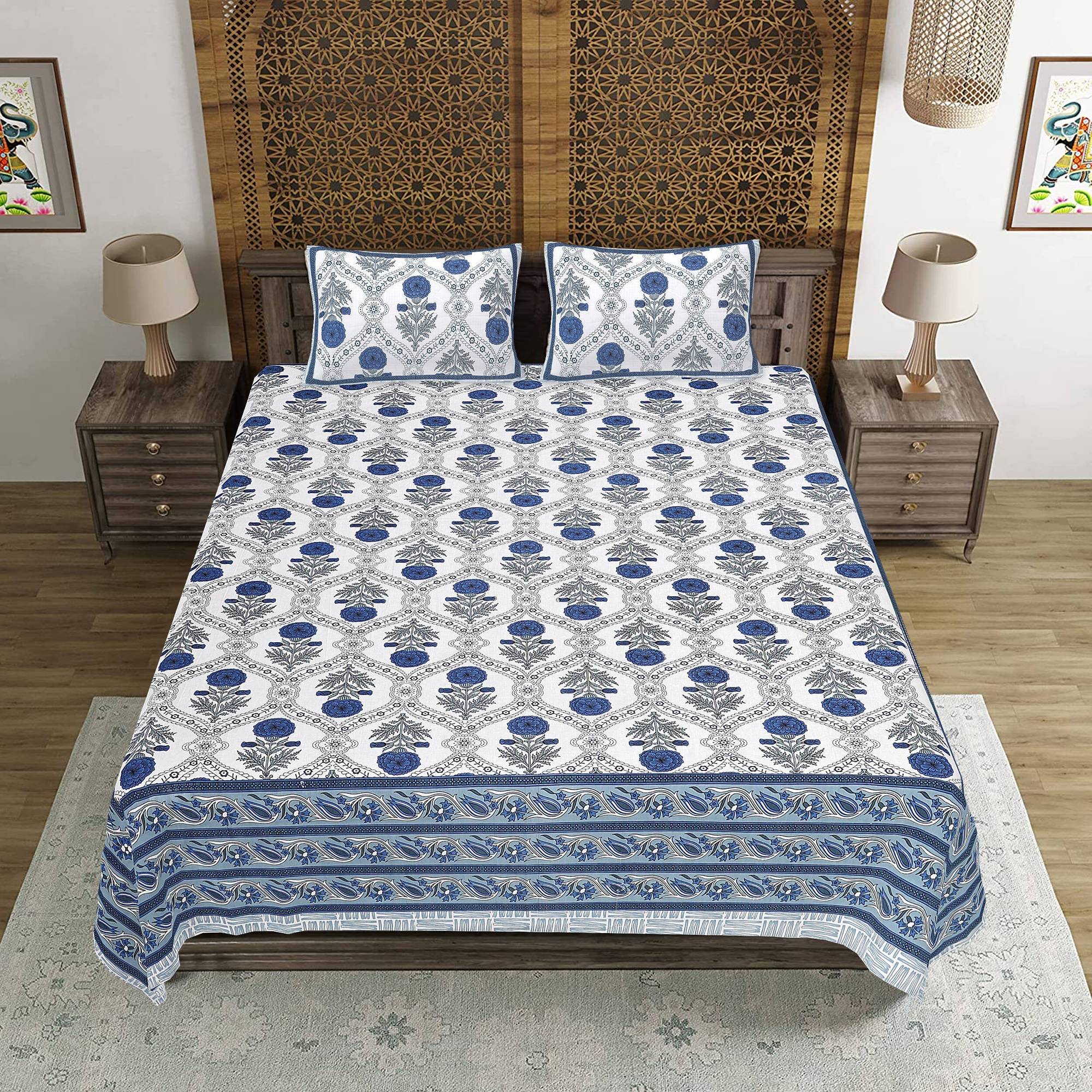 Rudra Bazaar Blue 210 TC Cotton Double King Bedsheet With 2 Pillow Covers