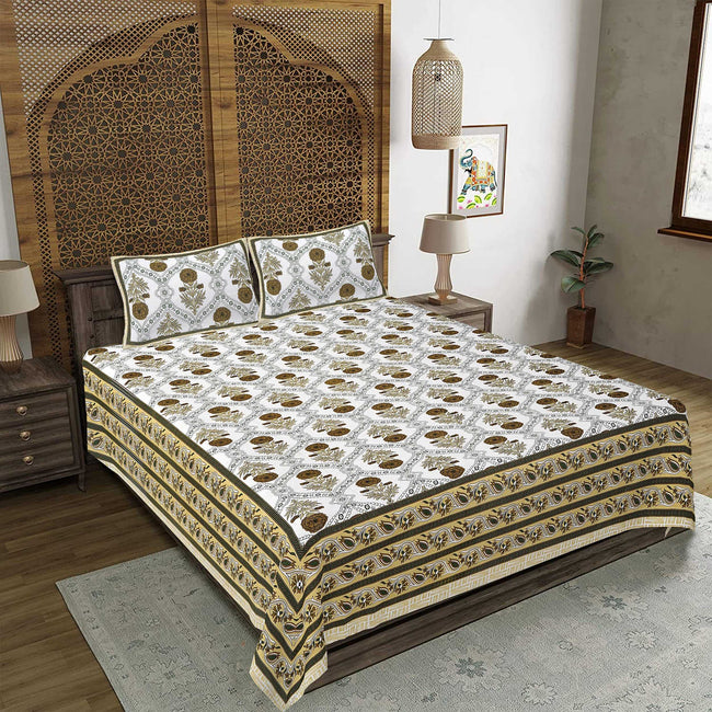 Rudra Bazaar Green 210 TC Cotton Double King Bedsheet With 2 Pillow Covers Hover Image