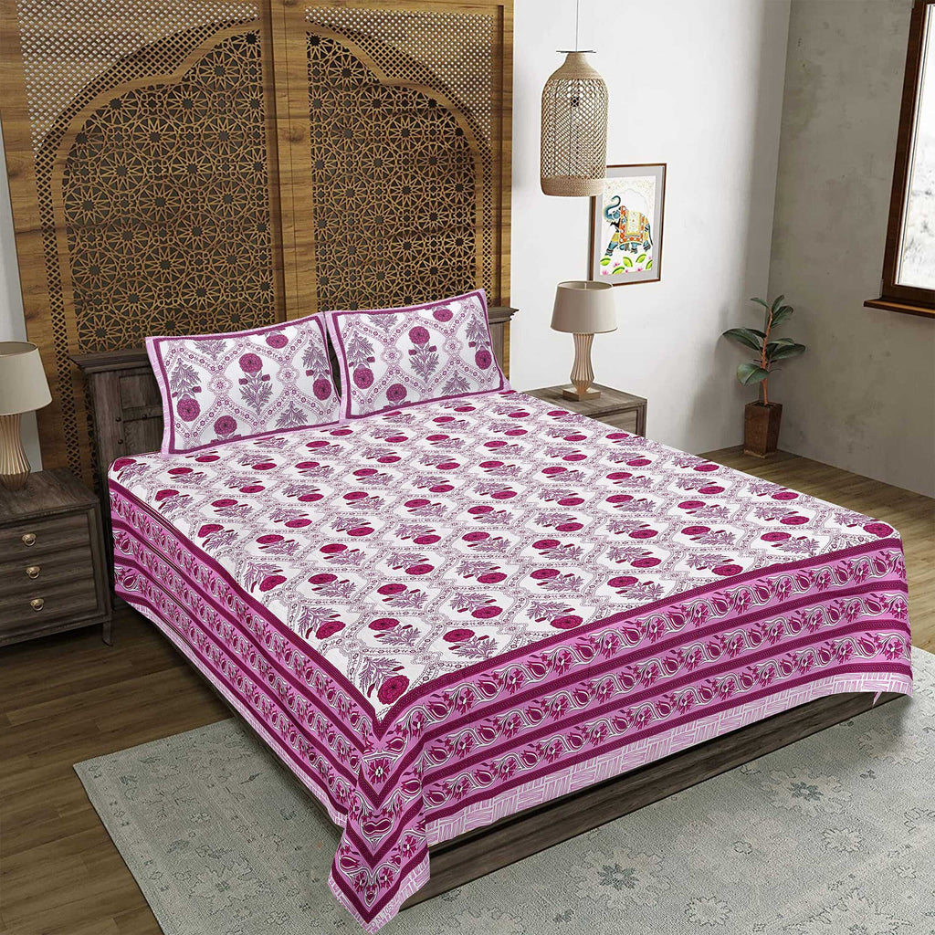 Rudra Bazaar Pink 210 TC Cotton Double King Bedsheet With 2 Pillow Covers