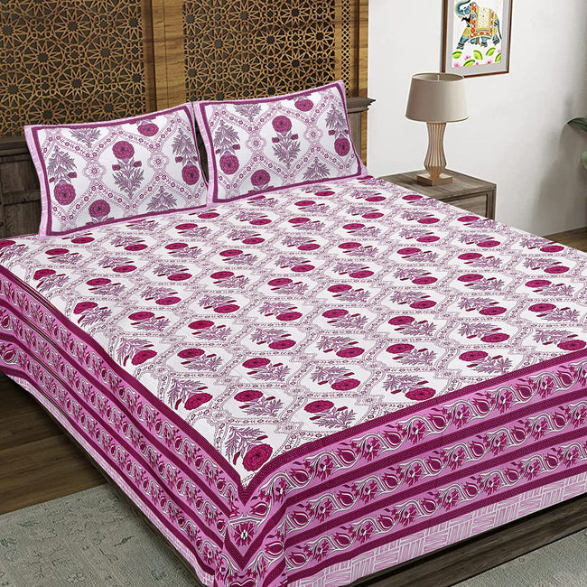 Rudra Bazaar Pink 210 TC Cotton Double King Bedsheet With 2 Pillow Covers Main Image