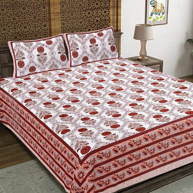 Rudra Bazaar Rust 210 TC Cotton Double King Bedsheet With 2 Pillow Covers Main Image